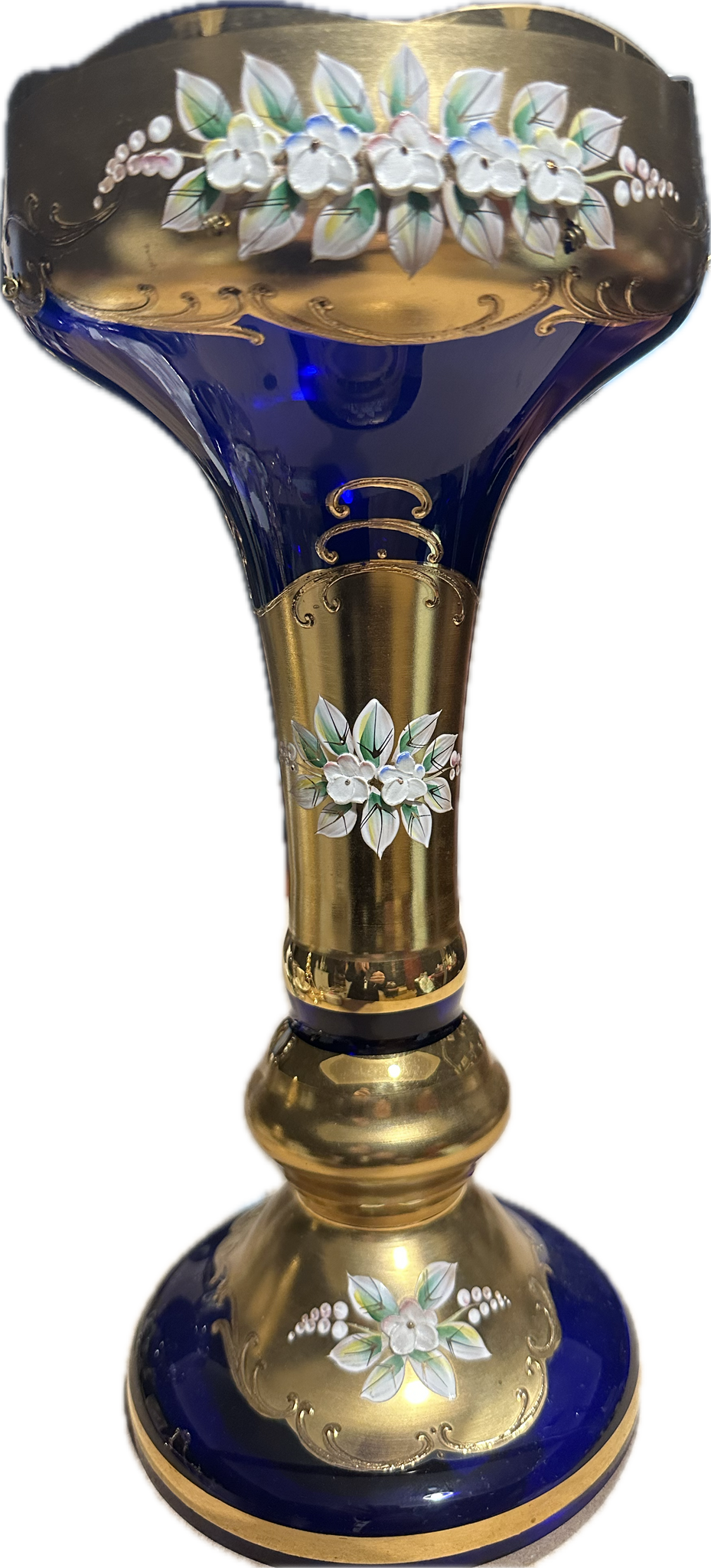 Çek Bohemia kristal mineli çiçekli altın yaldızlı tamamı el yapımı cam ayaklı mavi lacivert vazo