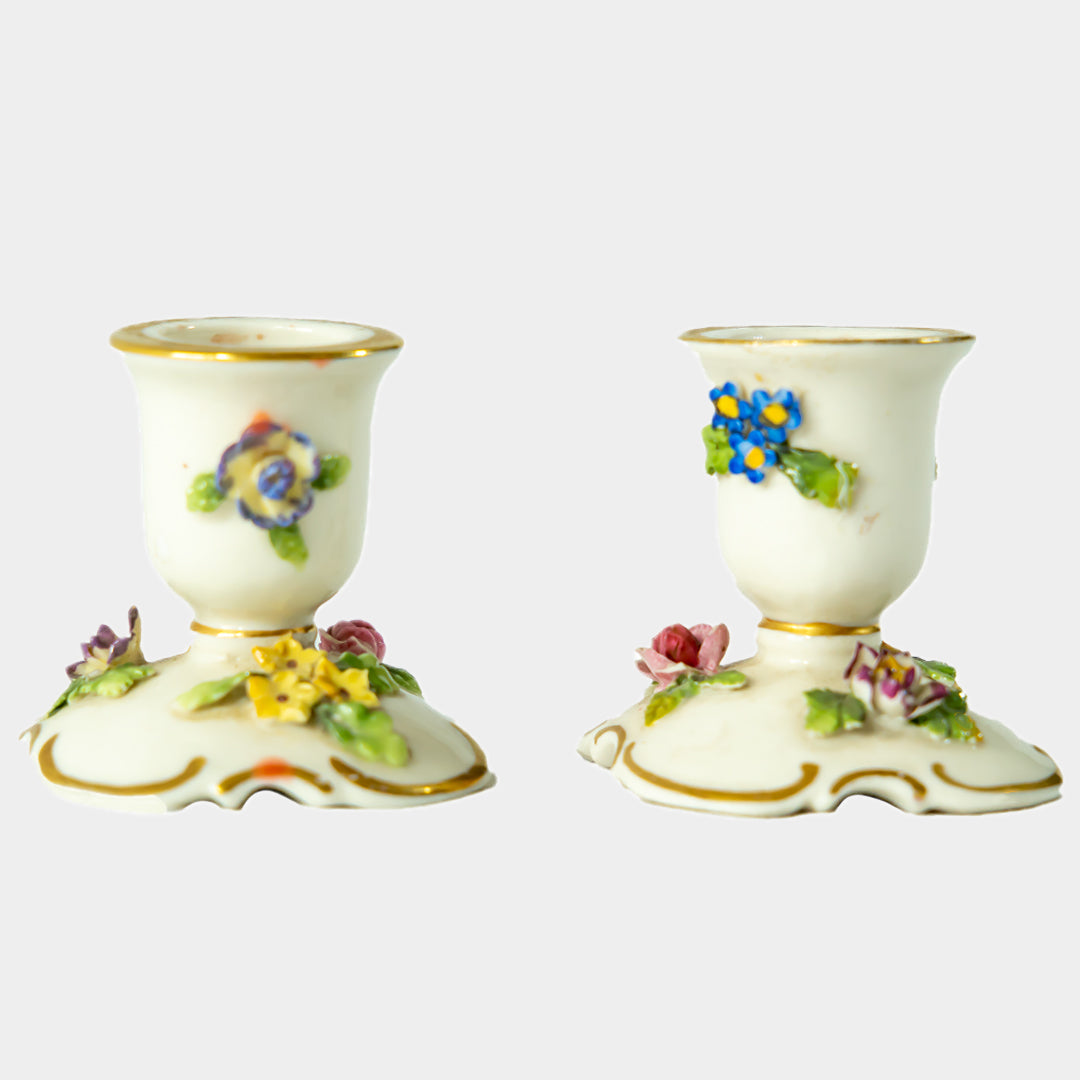 Fransız ”La Valliere “ 2li renkli capodimonte çiçekli porselen mumluk