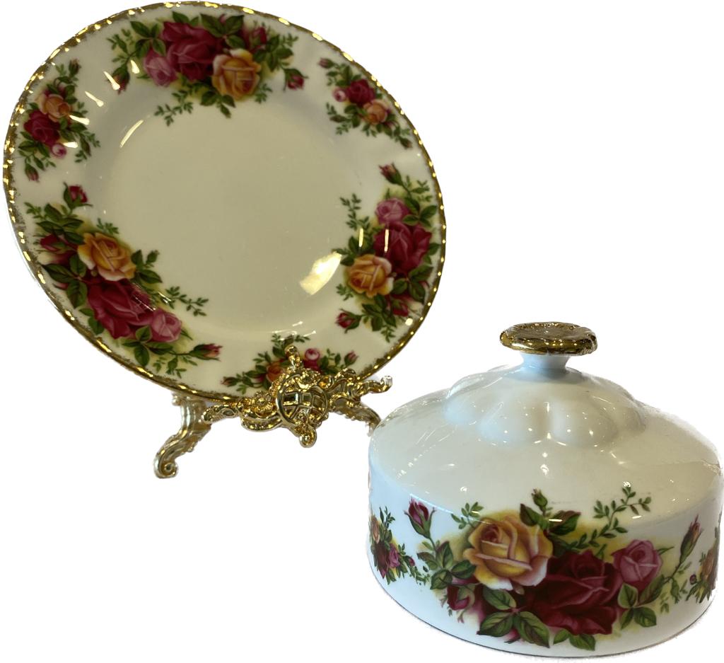 İngiliz Royal Albert old country roses kapaklı porselen tereyağlık